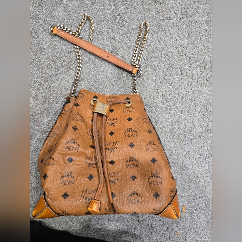 MCM Tan and Brown Shoulder Bag bucket with crossbody